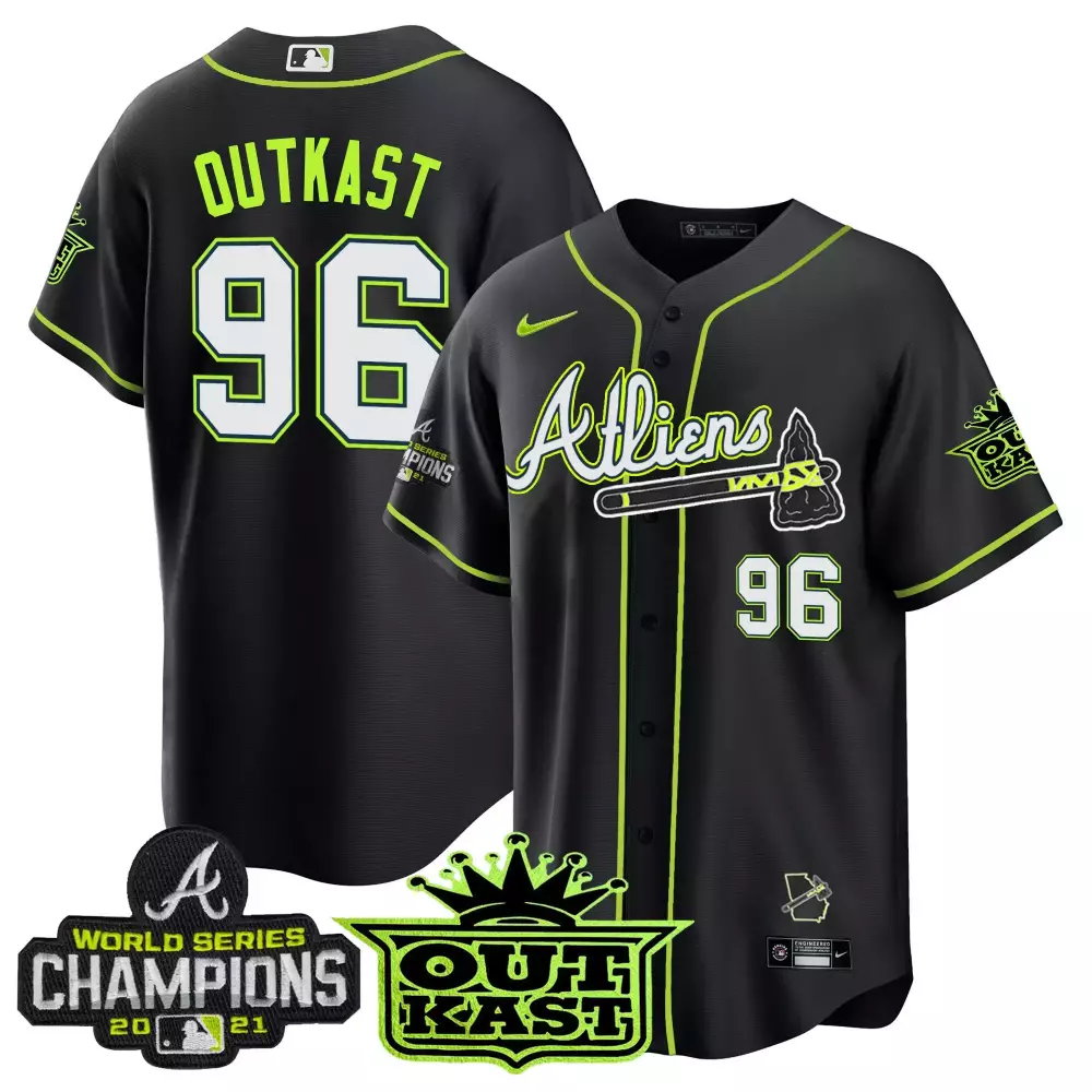 Outkast Atliens 96 Atlanta Braves Jersey Black World Series Champions 2021 Men Neon Green