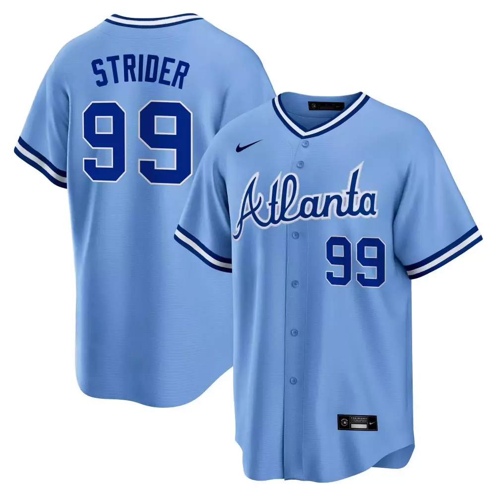 Spencer Strider 99 Atlanta Jersey Light Blue Men White Dark Throwback Cool Base All