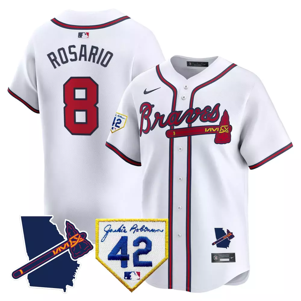Rosario 8 Braves Jersey White 2021 World Series Jackie Robinson 42 Georgia State Outline Tomahawk