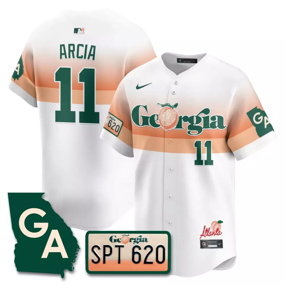 Orlando Arcia 11 Atlanta Jersey White City Connect 2023 Men Split Design Peach Green