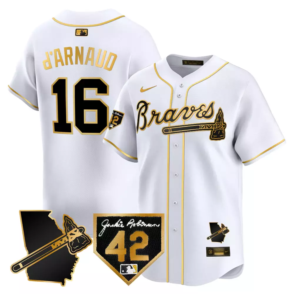 Travis Darnaud 16 Braves Jersey White Jackie Robinson Day 42 Georgia State Outline