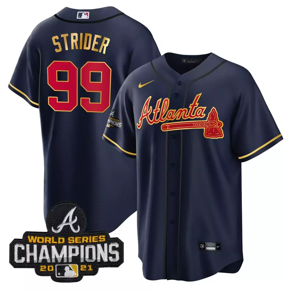 Spencer Strider 99 Atlanta Braves Jersey Navy Blue 2021 World Series Champions Men