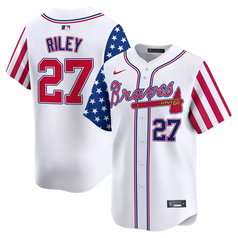 American Flag 27 Braves Jersey White Men Split Design Red Blue All Stitched Vapor