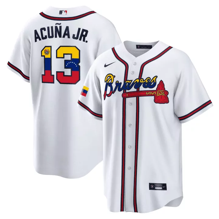 Ronald Acuna Jr. 13 Braves Jersey White Venezuela Flag Men Red Blue Yellow Classic