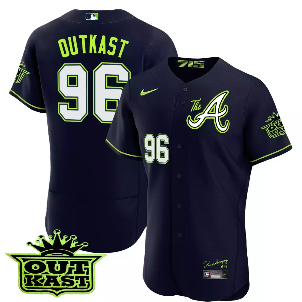 Outkast Atliens 96 Atlanta Braves Jersey Navy Collaboration Men Lime Green White