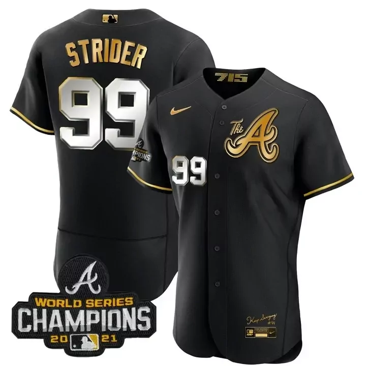 Spencer Strider 99 Atlanta Braves Jersey Black World Series Champions 2021 Men Gold