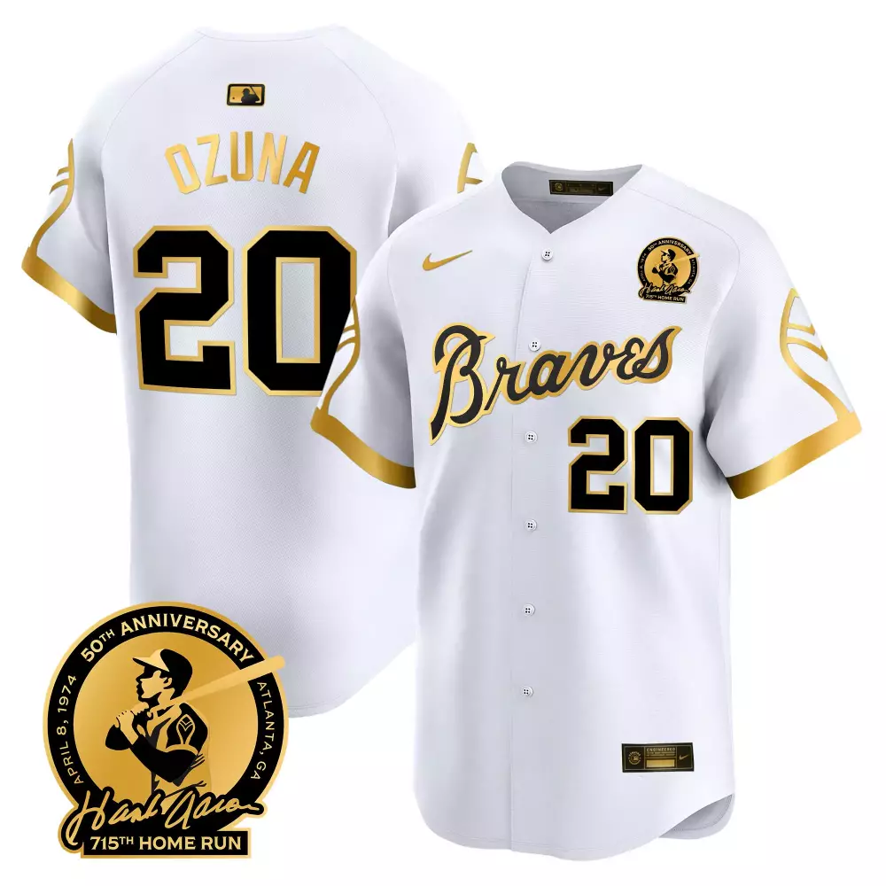 Marcell Ozuna 20 Braves Jersey White Men Alternate Black Gold All Stitched Anniversary