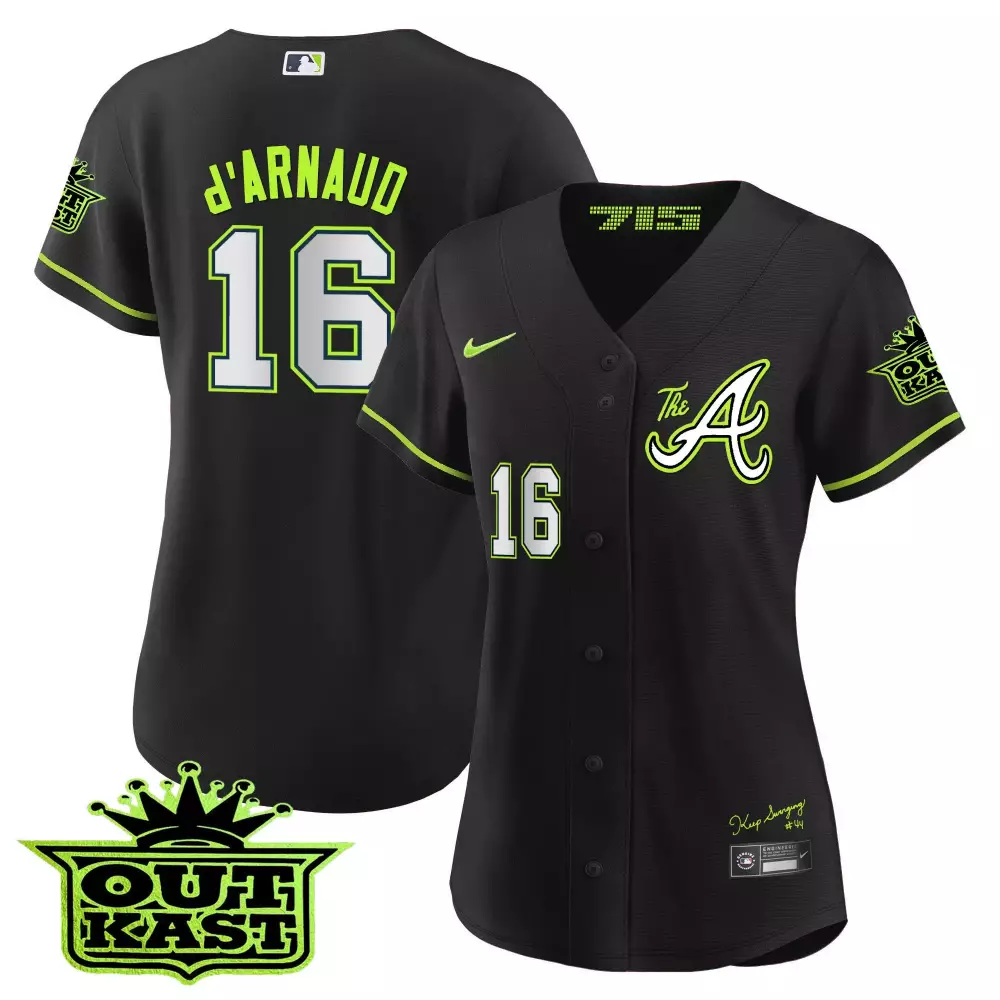 Travis Darnaud 16 Atlanta Braves Jersey Black Outkast Men Neon Green White All Stitched