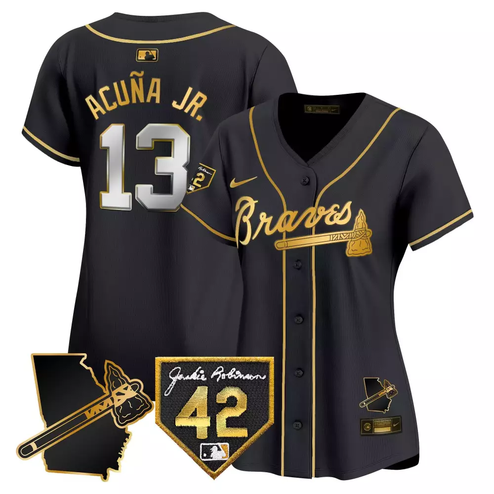 Ronald Acuna Jr. 13 Braves Jersey Black City Connect Jackie Robinson 42 Georgia State Outline Tomahawk
