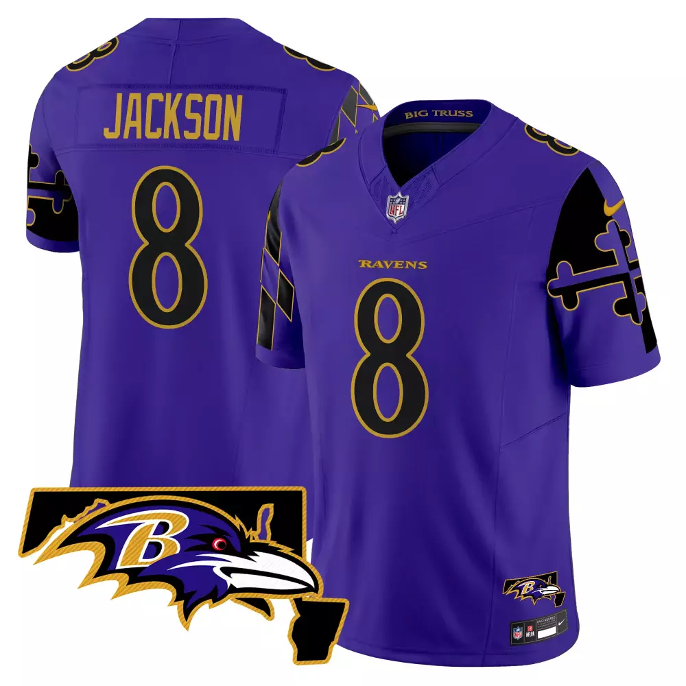 Lamar Jackson 8 Ravens Jersey Purple Men Black Gold Limited Vapor All Stitched