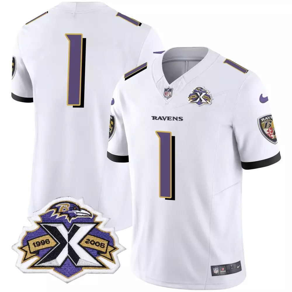 Custom Baltimore Ravens 1 Jersey White 1996-2008 Super Bowl Alternate Purple Black