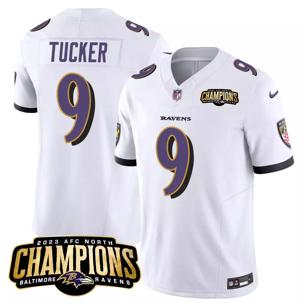 Justin Tucker 9 Baltimore Ravens Jersey White 2023 AFC North Champions Men Purple
