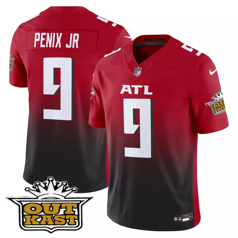 Michael Penix 9 Atlanta Falcons Jersey Red Outkast Men Alternate Split Design Black