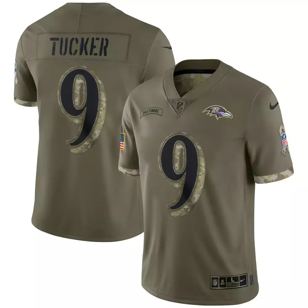 Justin Tucker 9 Ravens Jersey Olive Drab Salute To Service American Flag Men Authentic