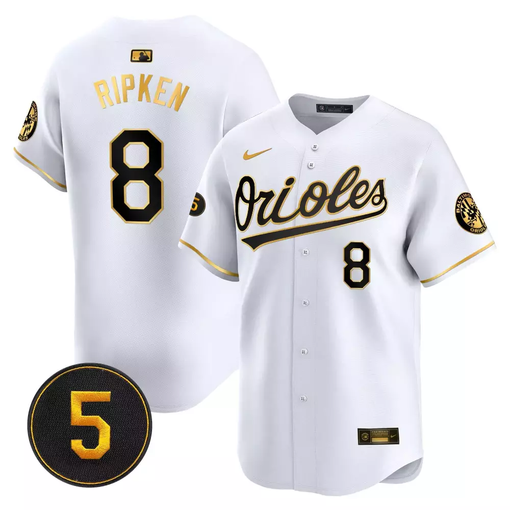 Cal Ripken Jr 8 Baltimore Orioles Jersey White Number Men Black Gold Vapor Premier