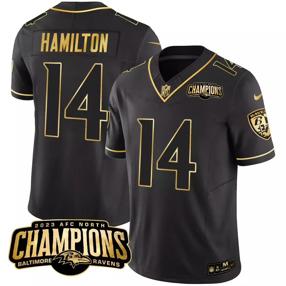 Kyle Hamilton 14 Baltimore Ravens Jersey Black 2023 AFC North Champions Men Gold
