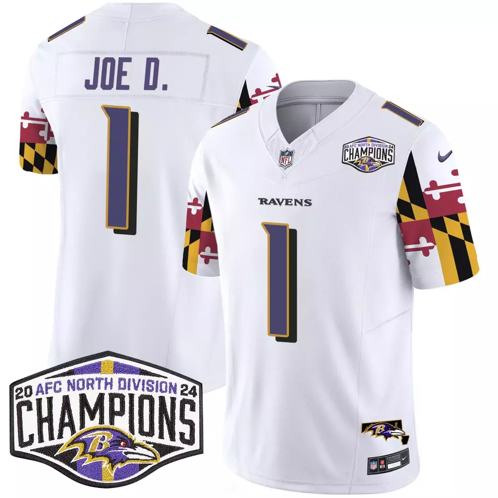 Joe D 1 Ravens Jersey White AFC North Division Champions 2024 Men NFL Alternate Purple