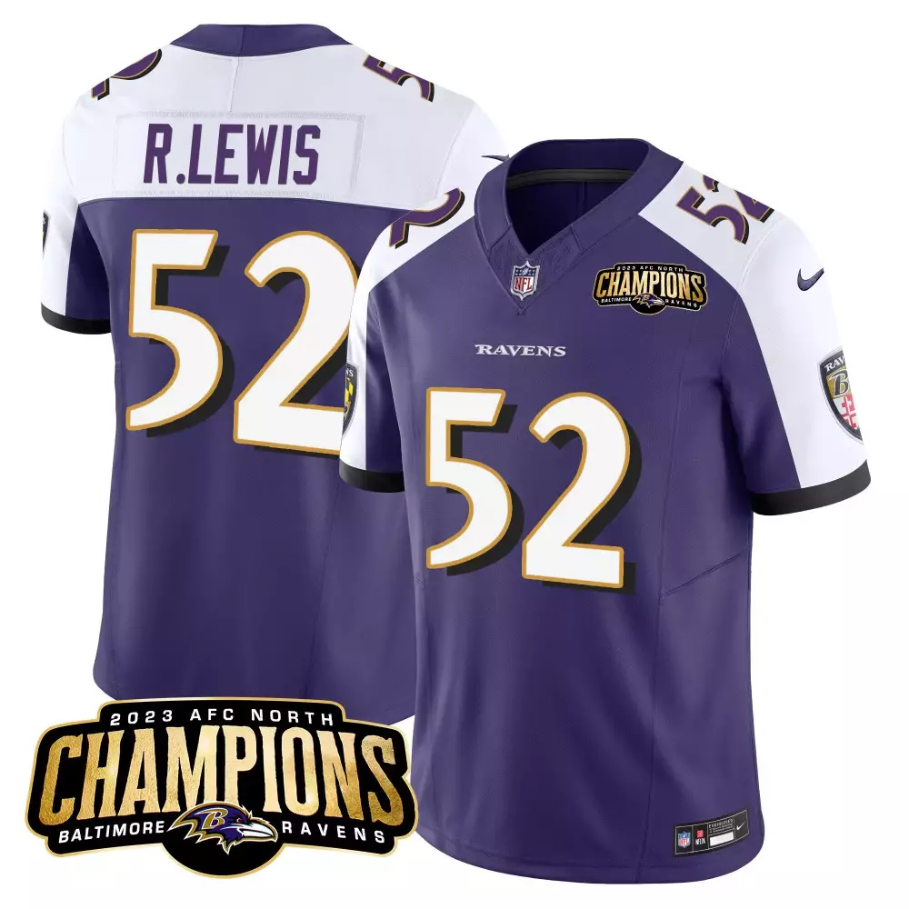 Ray Lewis 52 Baltimore Ravens Jersey Purple 2023 AFC North Champions Men White Black