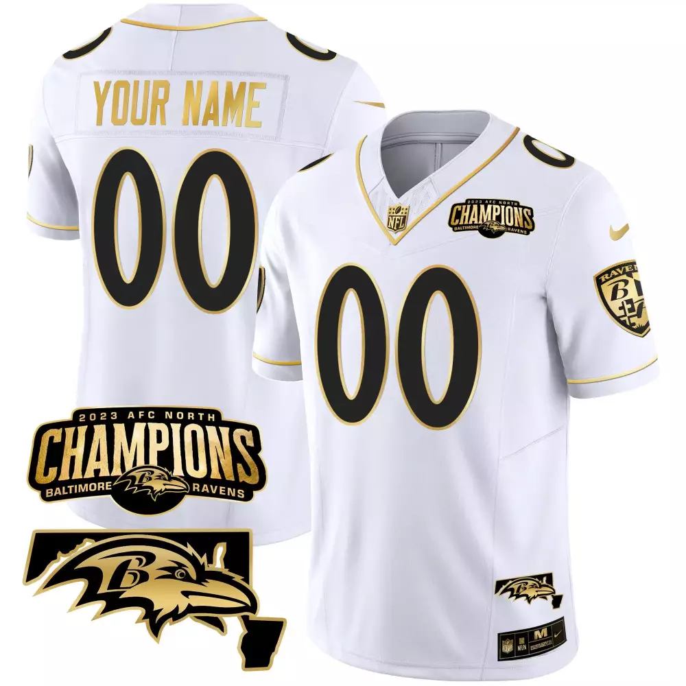 Custom Baltimore Ravens Jersey White 2023 AFC North Champions Men Black Gold Vapor