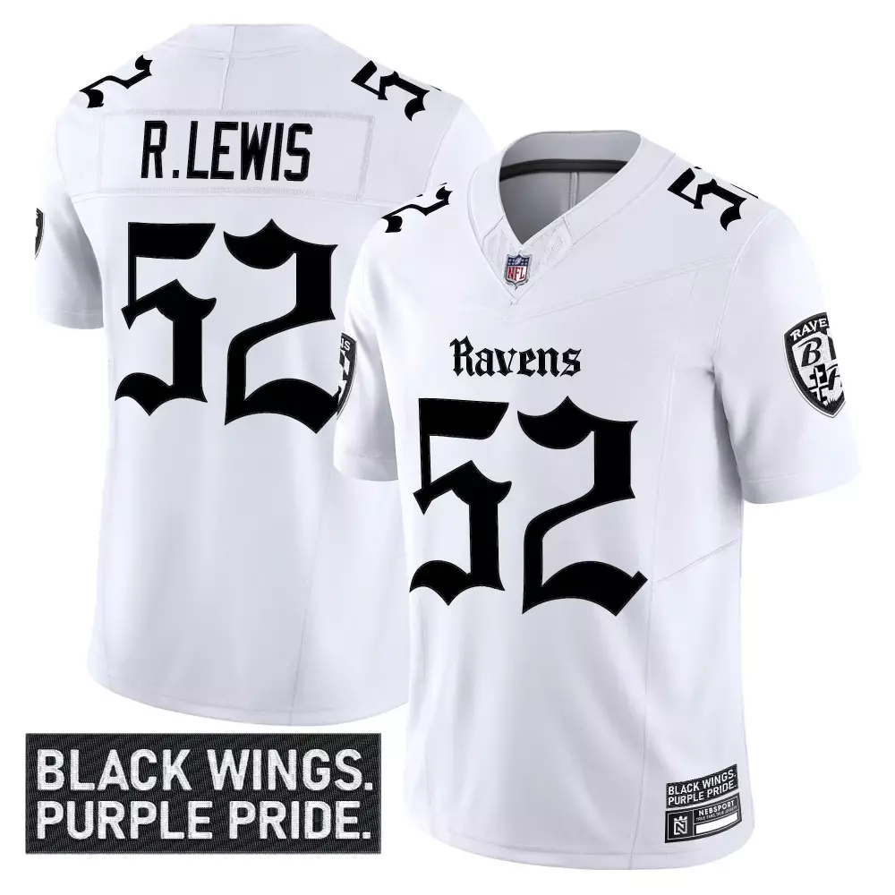Ray Lewis 52 Ravens Jersey White Black Wings. Purple Pride. Team Men Standard Vapor