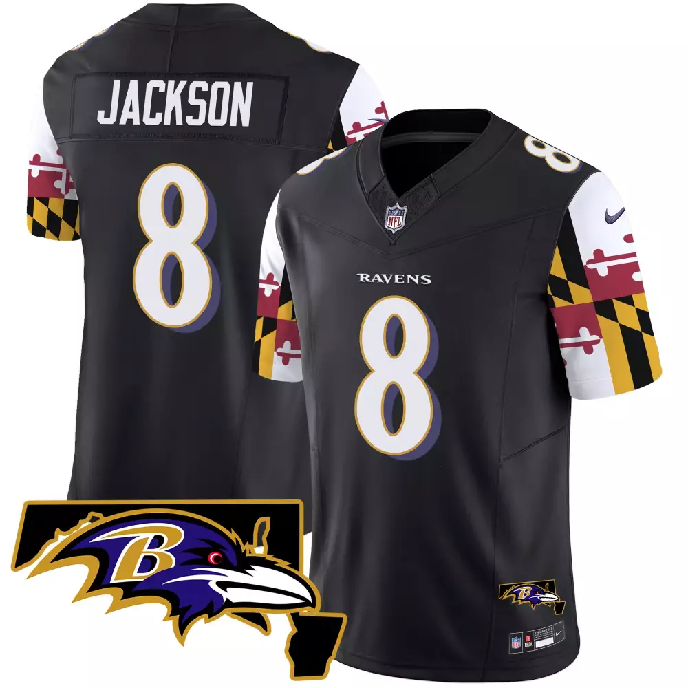 Lamar Jackson 8 Ravens Jersey Black Men Replica Split Design White Purple Yellow