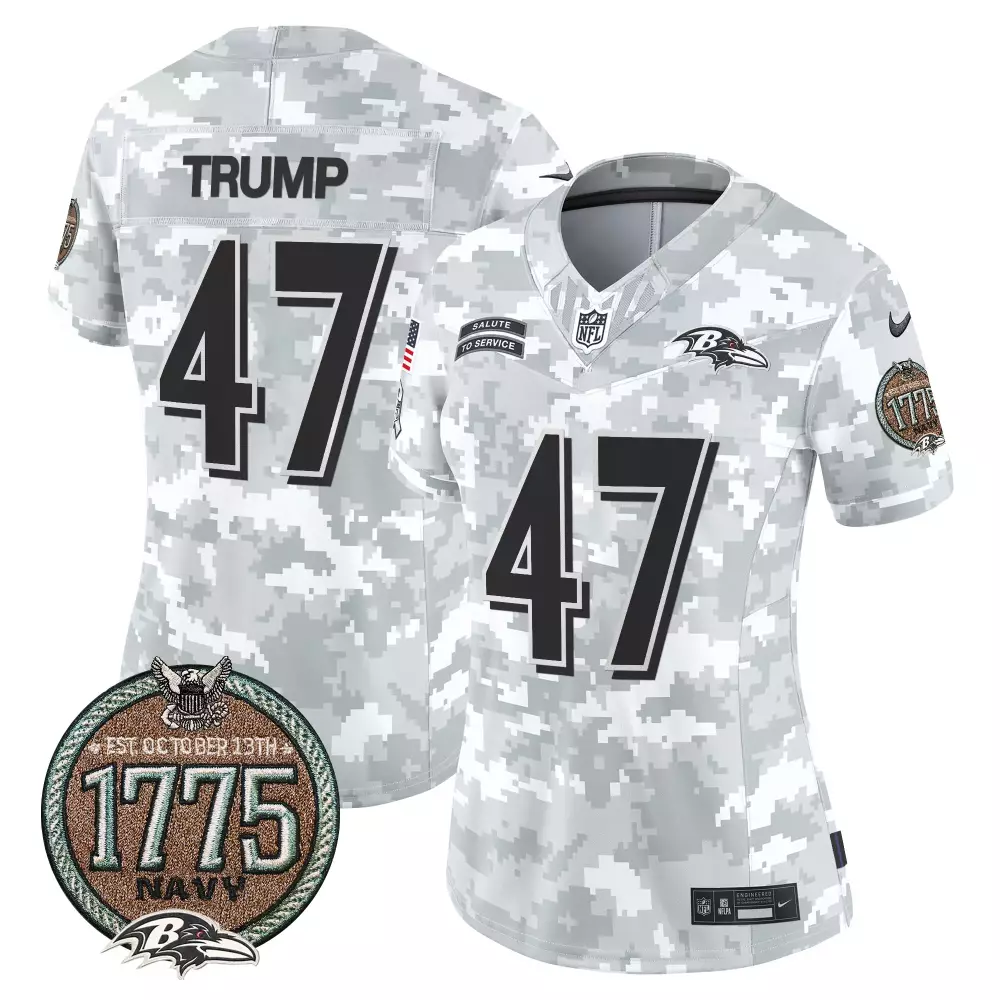Donald Trump 47 Baltimore Ravens Jersey White Salute To Service 1775 Navy Men NFL