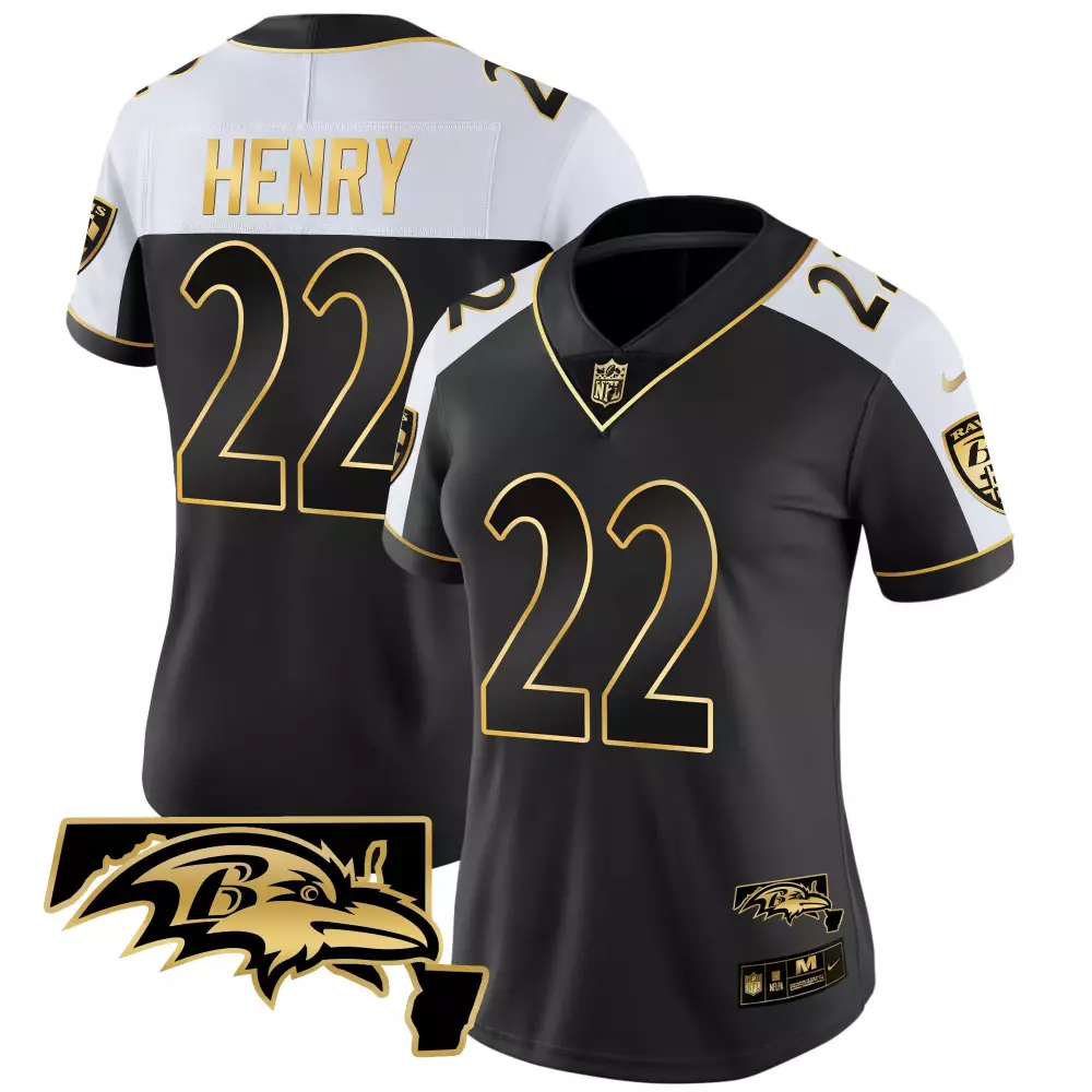 Derrick Henry 22 Baltimore Ravens Jersey Black NFL 2022 Men Player White Gold Alternate