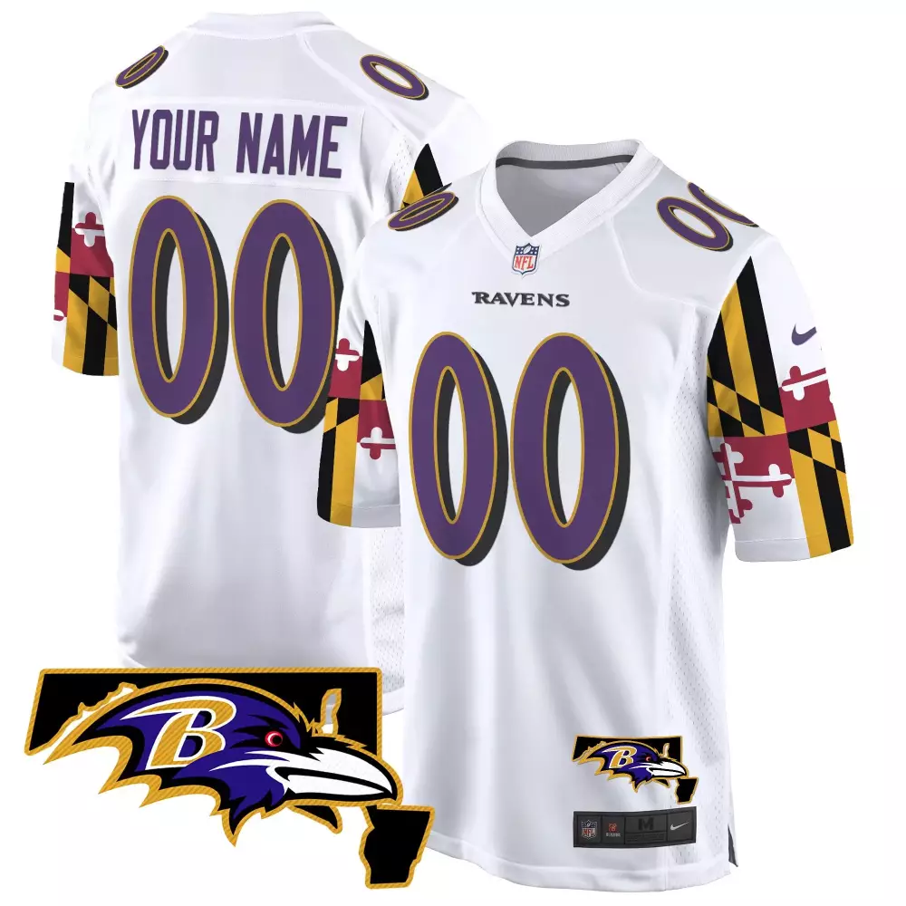 Custom Ravens Jersey White Men Authentic Purple Gold Black Game All Stitched