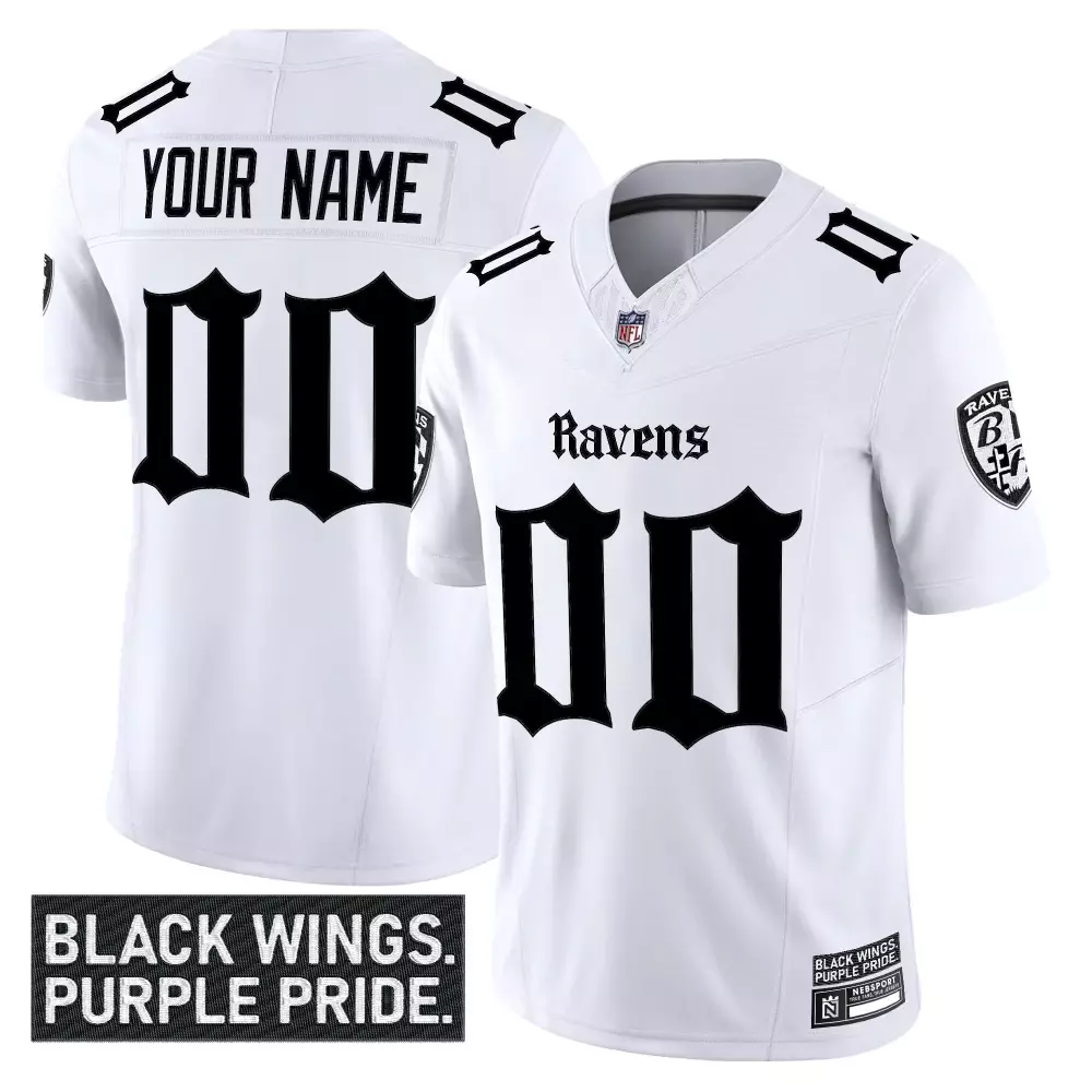 Custom Ravens Jersey White Black Wings. Purple Pride. Stitched