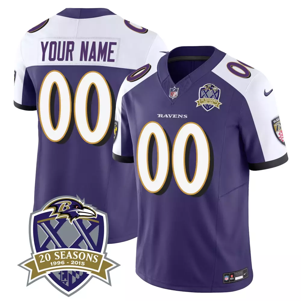 Custom Ravens Jersey Purple 20 Seasons 1996-2015 White Gold Alternate Vapor Limited