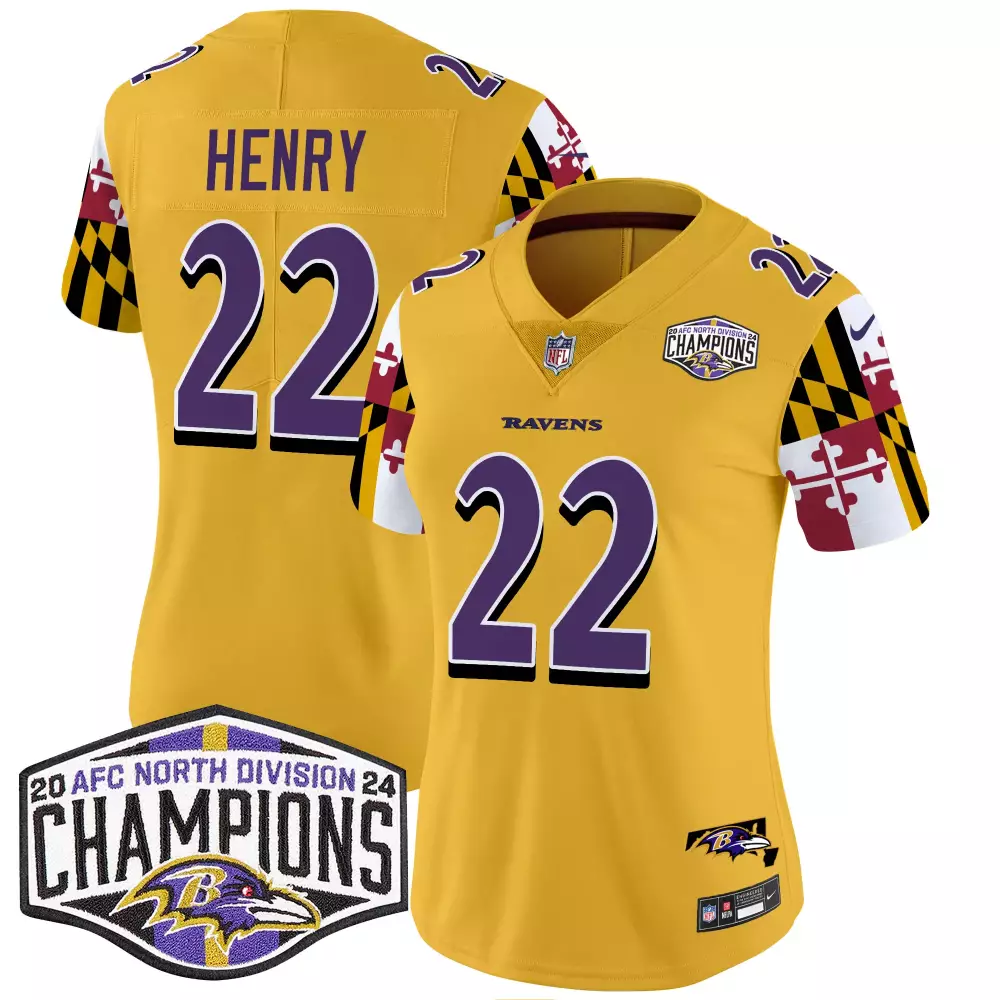 Derrick Henry 22 Ravens Jersey Yellow 2023 AFC North Division Champions Men Purple