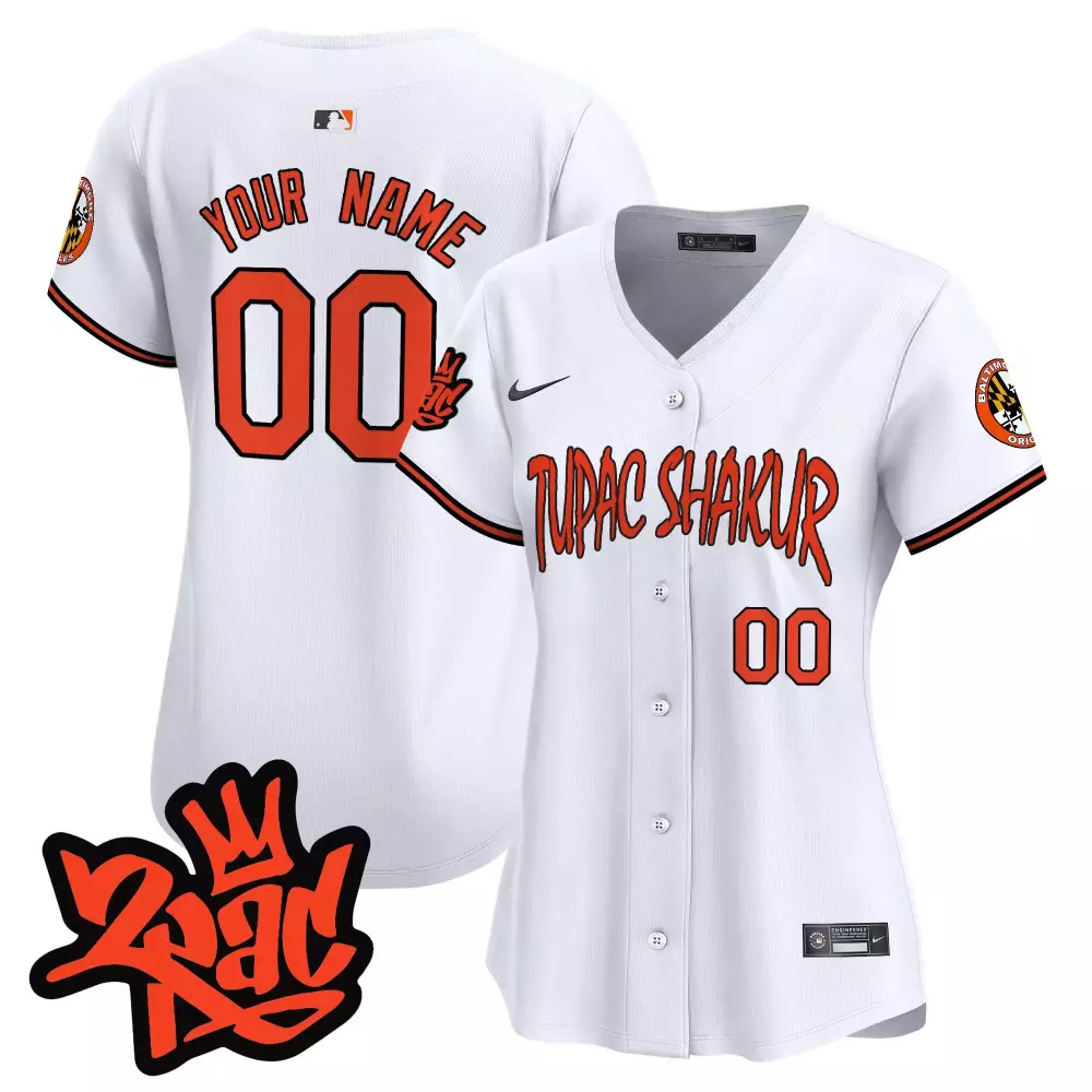 Tupac Shakur Baltimore Orioles Jersey White Roadium Women Orange Black Vapor Premier