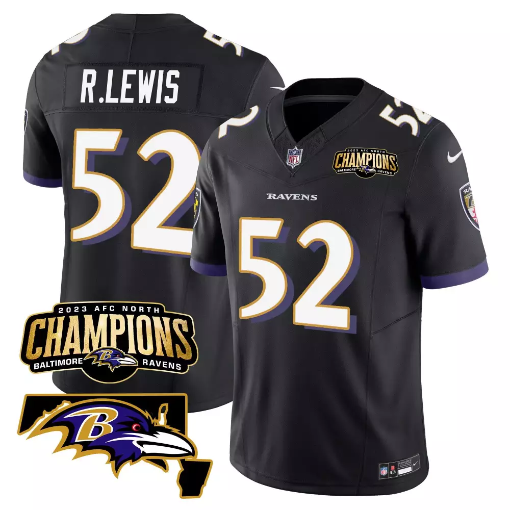 Ray Lewis 52 Baltimore Ravens Jersey Black AFC North Champions 2023 Men Purple Gold