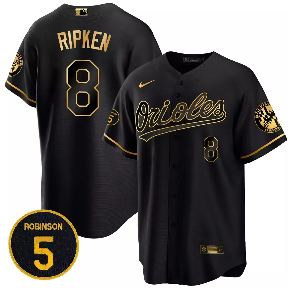 Cal Ripken 8 Orioles Jersey Black Baltimore Robinson Men Gold Cool Base All Stitched