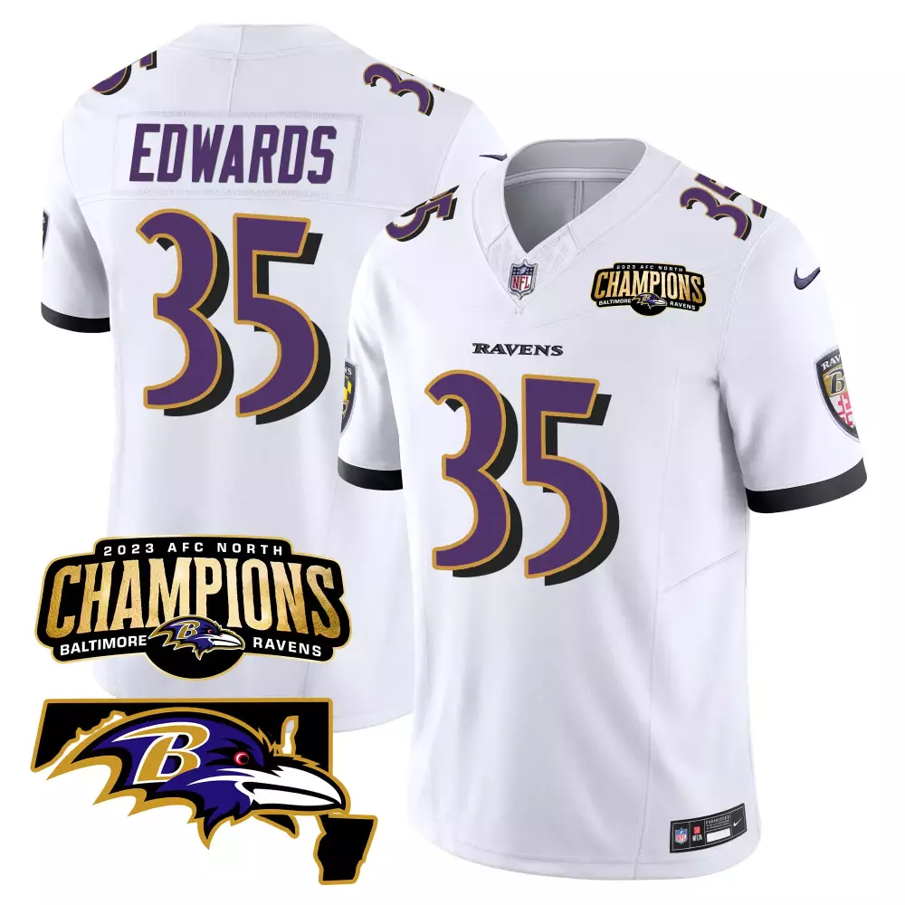 Gus Edwards 35 Baltimore Ravens Jersey White 2023 AFC North Champions Men Player