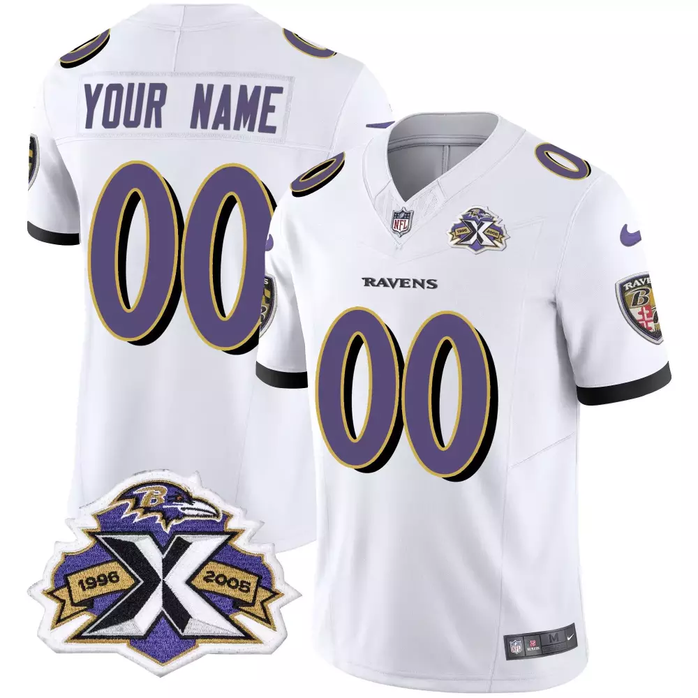 Custom Ravens Jersey White 1996-2006 Anniversary NFL Alternate Purple Black Throwback