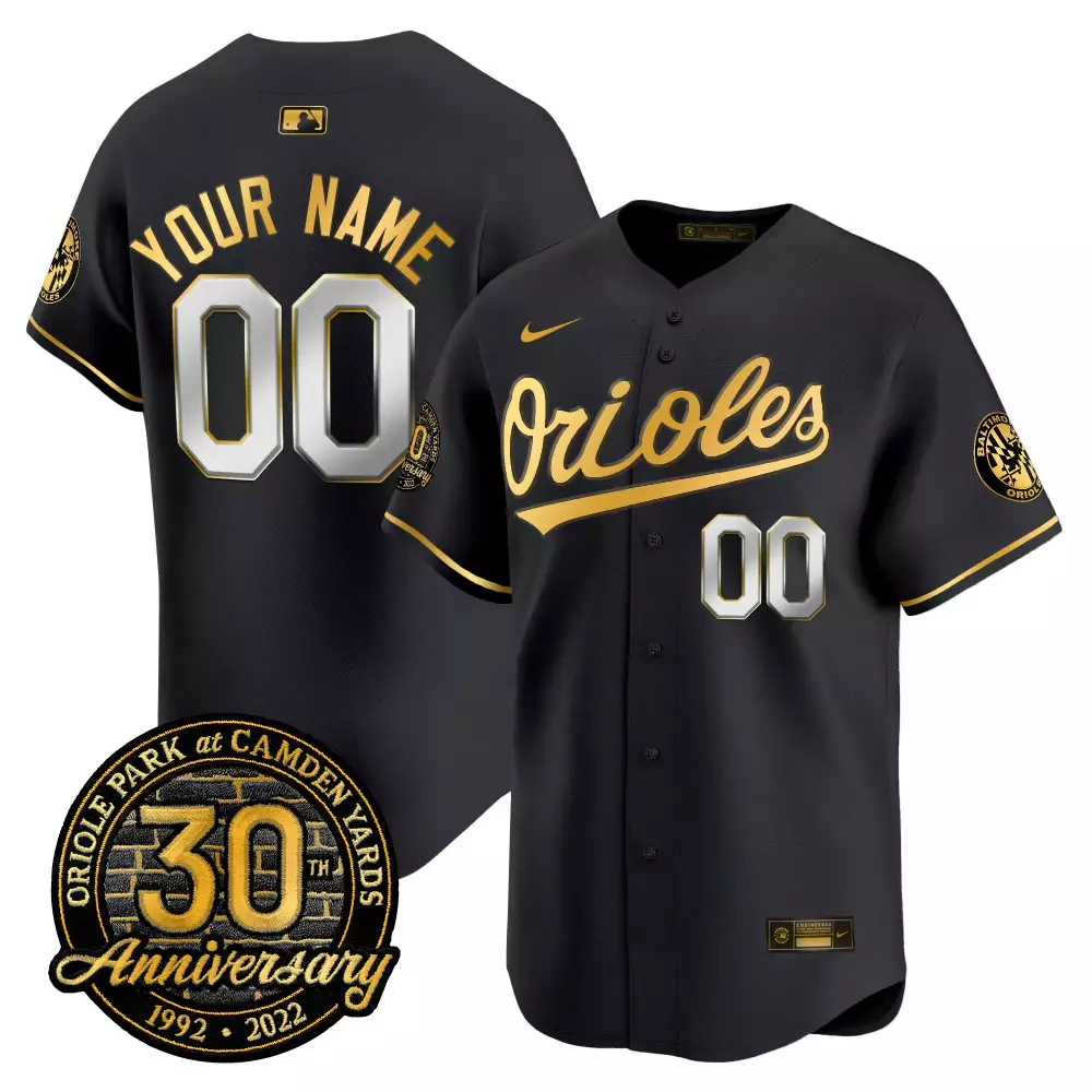 Custom Orioles Jersey Black 30th Anniversary Camden Yards 1992-2022 Men Gold Silver
