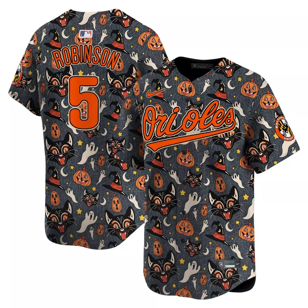 Brooks Robinson 5 Orioles Jersey Dark Grey Halloween Full Print Custom Design Orange