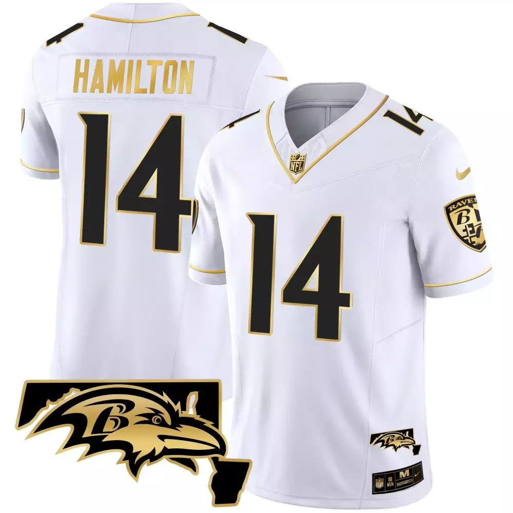 Kyle Hamilton 14 Baltimore Ravens Jersey White Men Player Alternate Black Gold Vapor