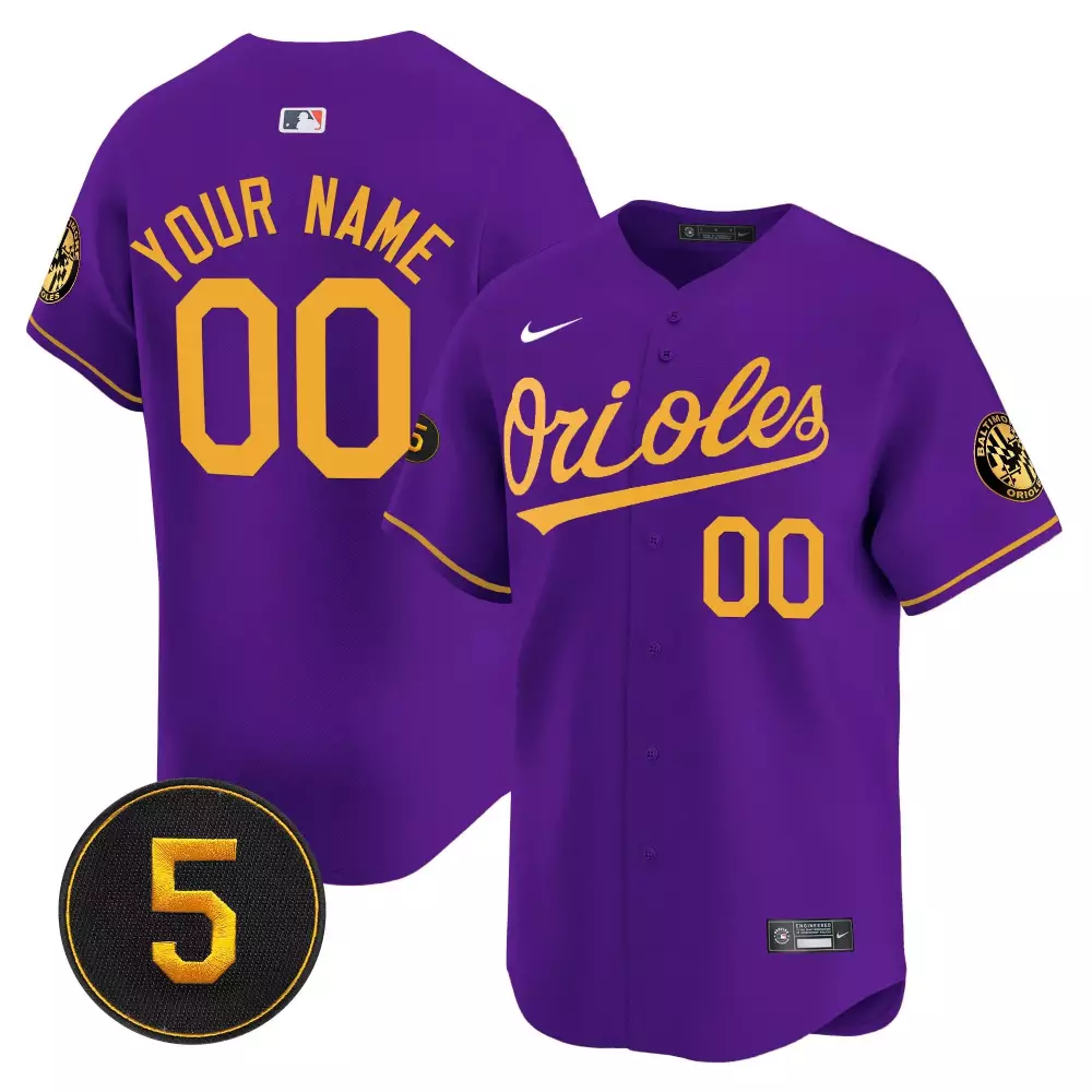 Custom Orioles Jersey Purple Number Men Gold Vapor Premier Limited v2 All Stitched