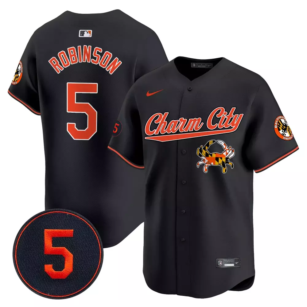 Brooks Robinson 5 Jersey Black City Connect Baltimore Orioles Charm Crab Men Orange