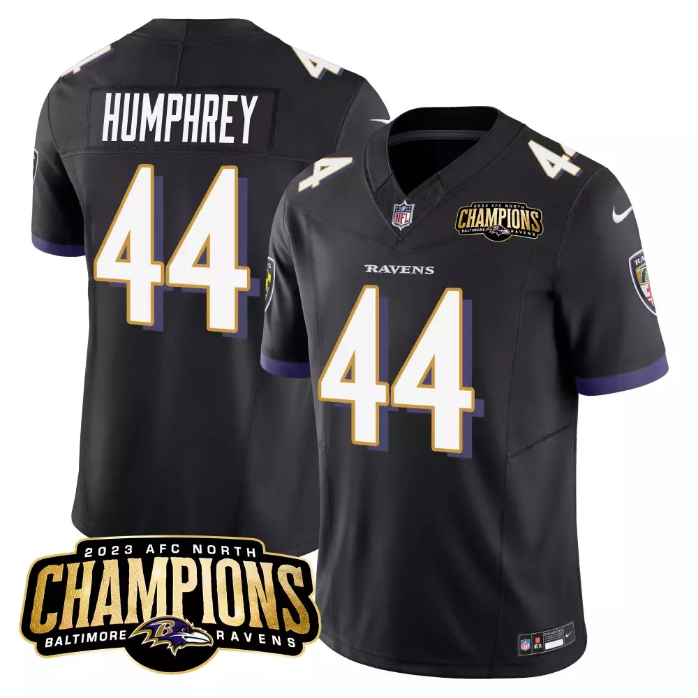 Marlon Humphrey 44 Ravens Jersey Black 2023 AFC North Champions Men NFL Purple Gold