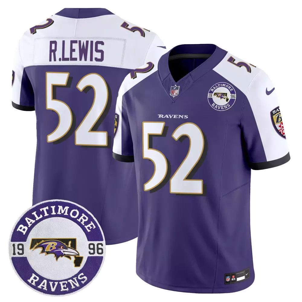 Ray Lewis 52 Baltimore Ravens Jersey Purple 1996 Men Replica White Gold Alternate