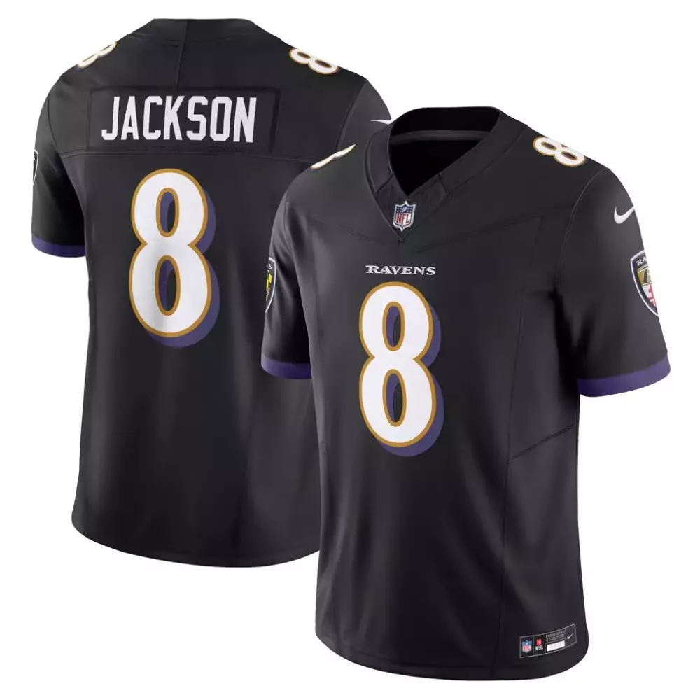 Lamar Jackson 8 Ravens Jersey Black Men Purple Gold Vapor Limited