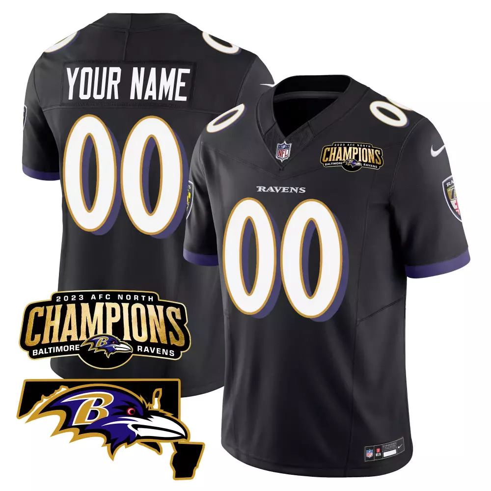 Custom Baltimore Ravens Jersey Black 2023 AFC North Champions Men Purple Gold Vapor
