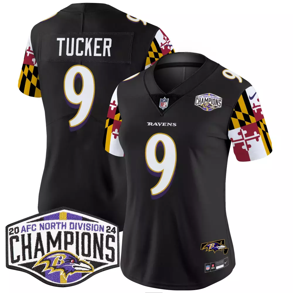 Justin Tucker 9 Ravens Jersey Black AFC North Division Champions Men Team White Purple