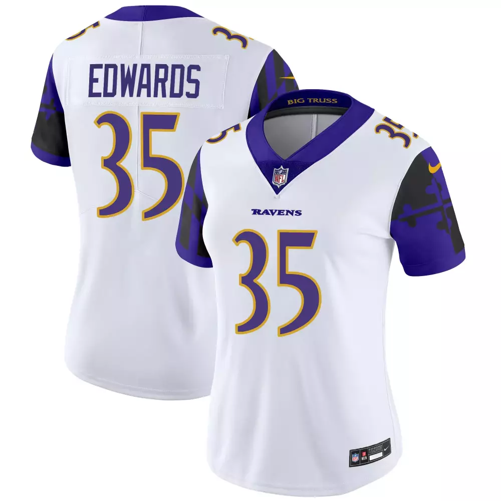 Gus Edwards 35 Ravens Jersey White Women Purple Yellow Vapor Limited All Stitched