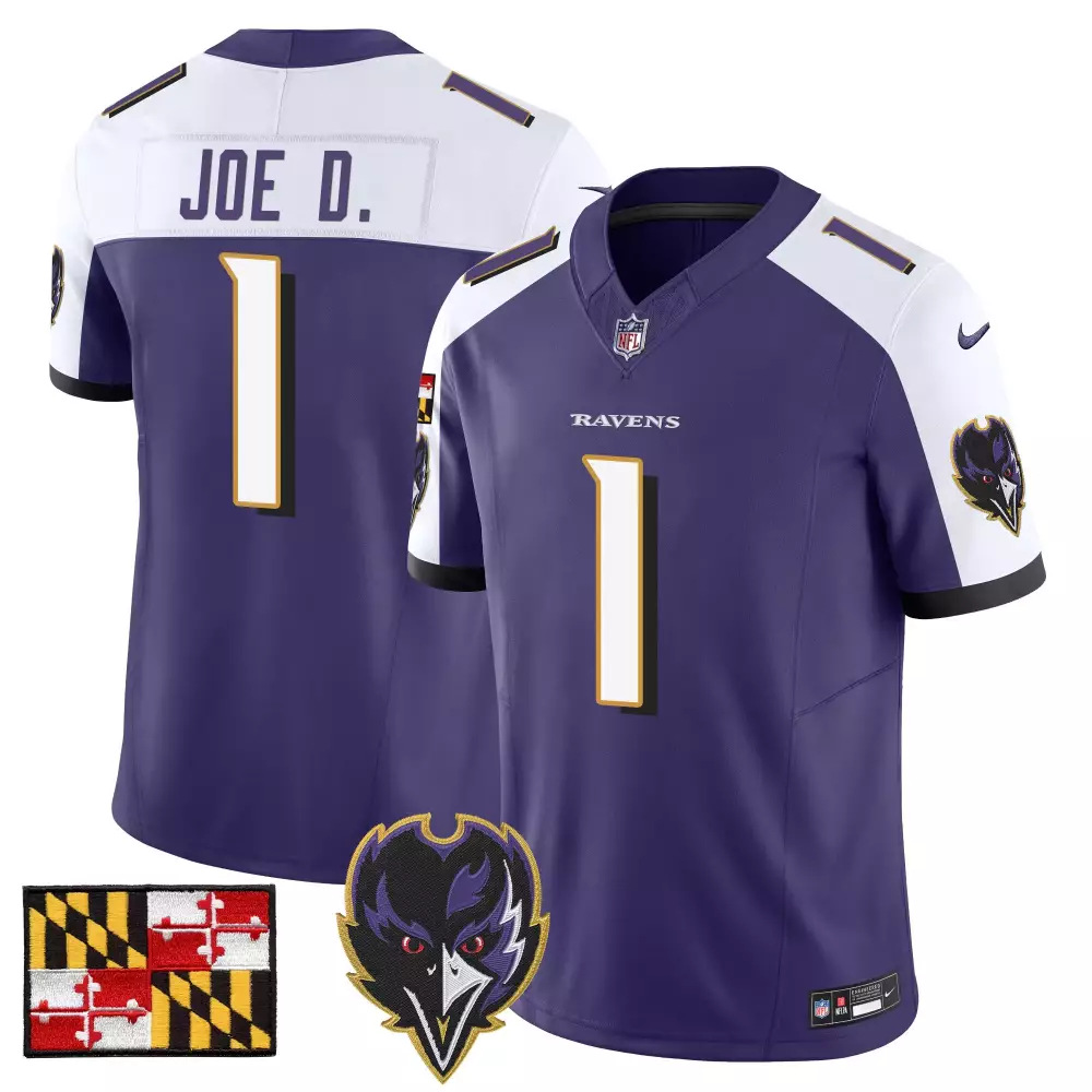 Joe D 1 Baltimore Ravens Jersey Purple Maryland Flag Men Game White Black Gold Alternate