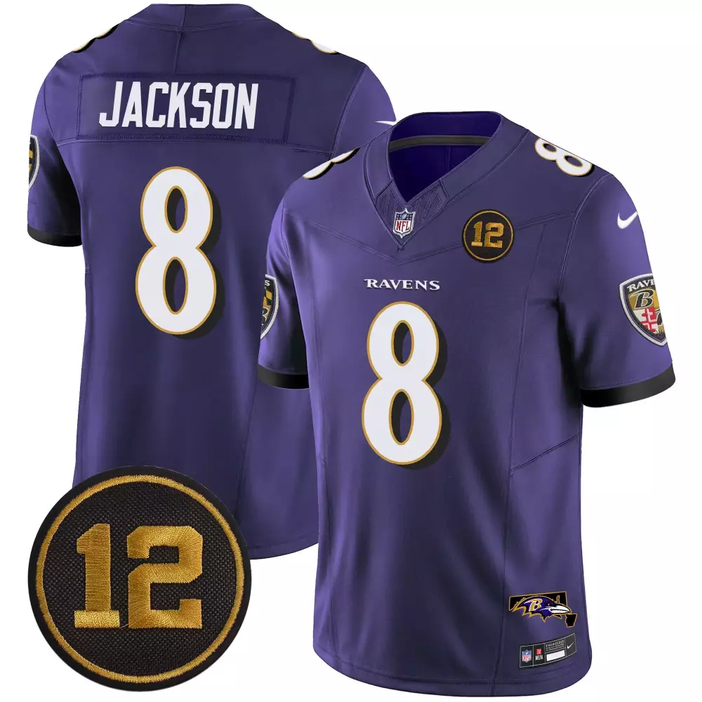 Lamar Jackson 8 Ravens Jersey Purple Men On-field White Gold Vapor Limited All Stitched
