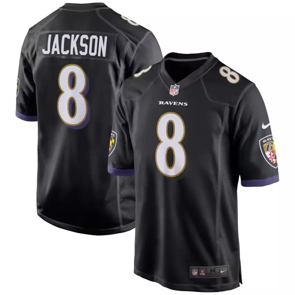 Lamar Jackson 8 Ravens Jersey Black Baltimore Men Player Purple White Gold Alternate